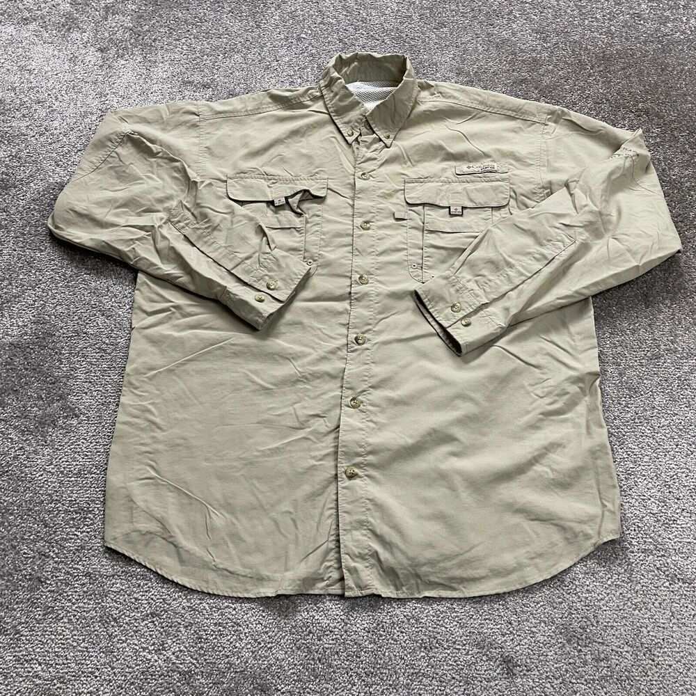 Columbia PFG Omni Shade Shirt Mens XL Beige Button Down Long Sleeve Fishing